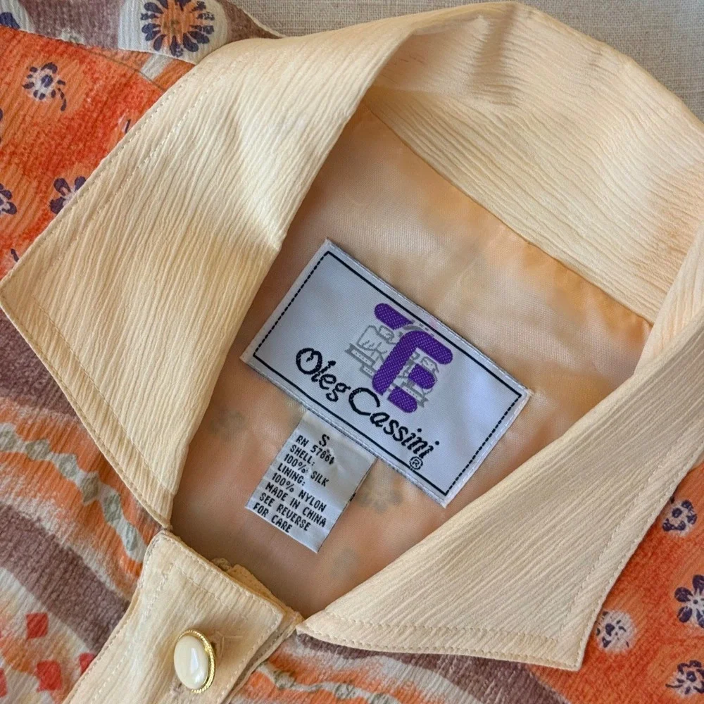 Oleg Cassini Vintage Silk Bomber Jacket Orange Geometric‎ Floral Print Small
